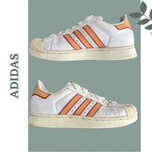 Adidas Superstar Leather Sneaker White Orange Hologram Stripe Detail Shell Sz 5
